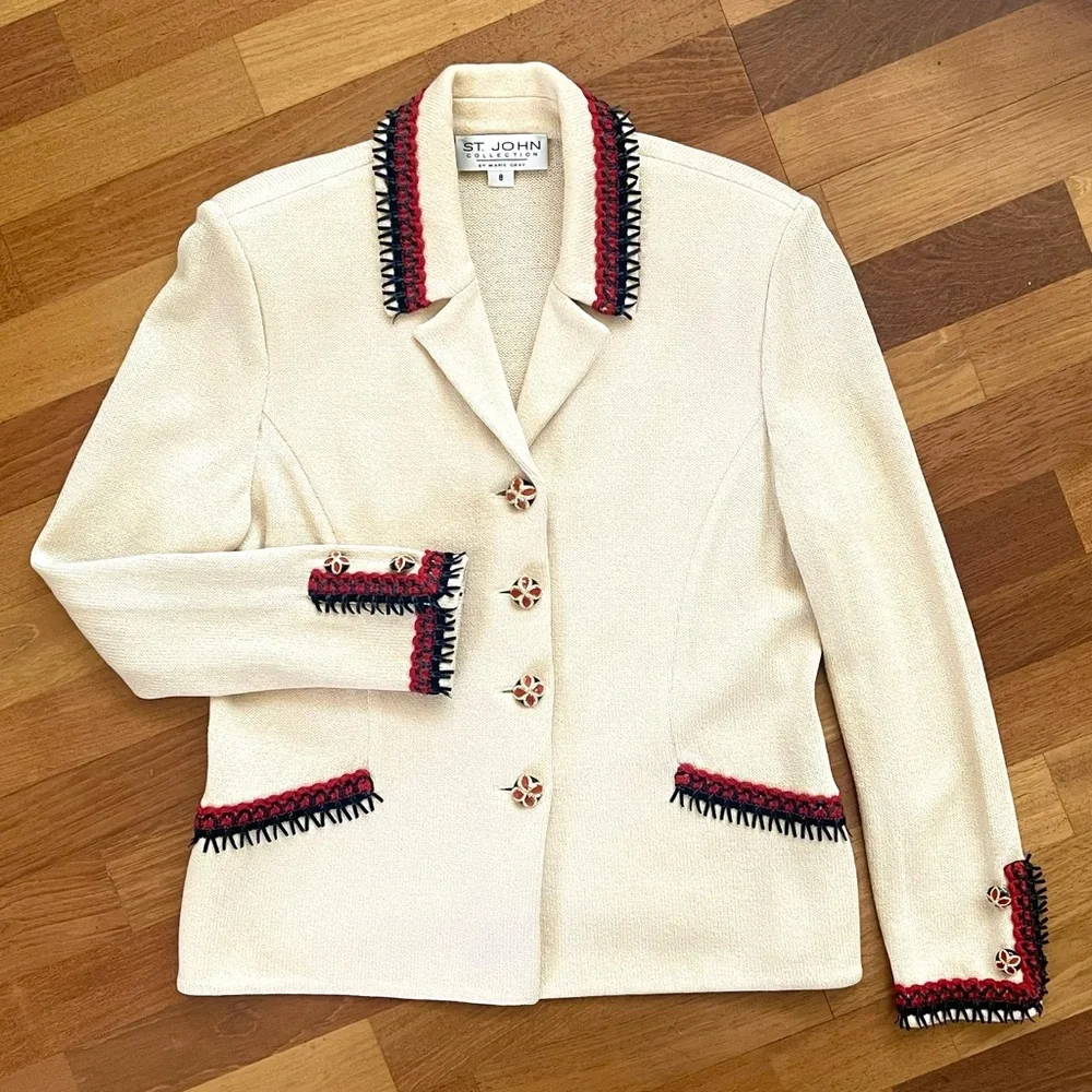 ST JOHN COLLECTION Fringe Jacket Coat SIZE 8 Ivory Red Cardigan Santana Knits - Picture 1 of 9